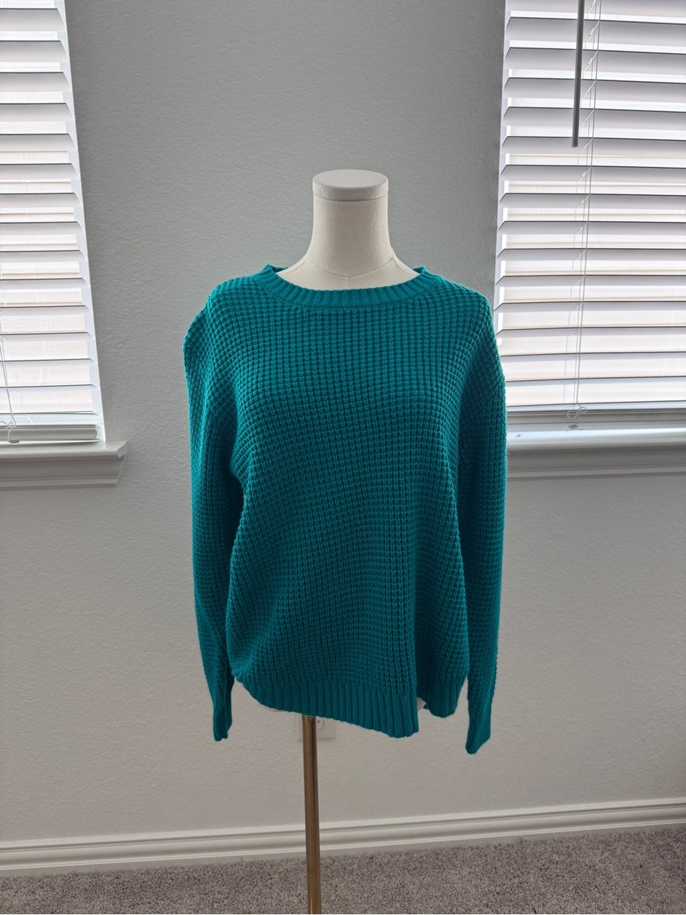 Zenana Teal Knit Crewneck Sweater - Women's Lightweight Waffle Knit sz L